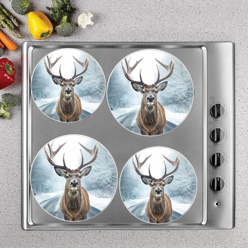 Bahomeck Gas Stove Burner Cover Set Of 4,Deer With Antlers Stands On The Side Of Icy Road Metal Electric Stove Burner Covers,Protecting Gas Stoves,Kitchen Decor，8 Inch And 10 Inch