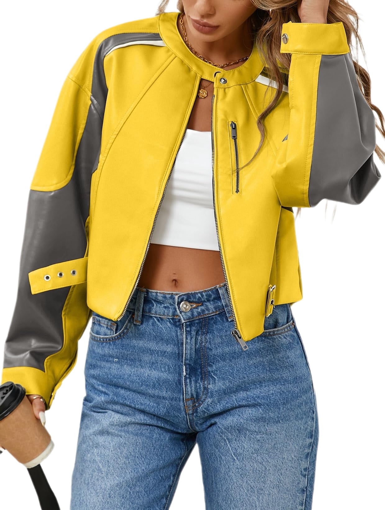 Womens Faux Leather Bomber Jackets Cropped Zip Up Color Block Fall Casual Moto Biker Coats