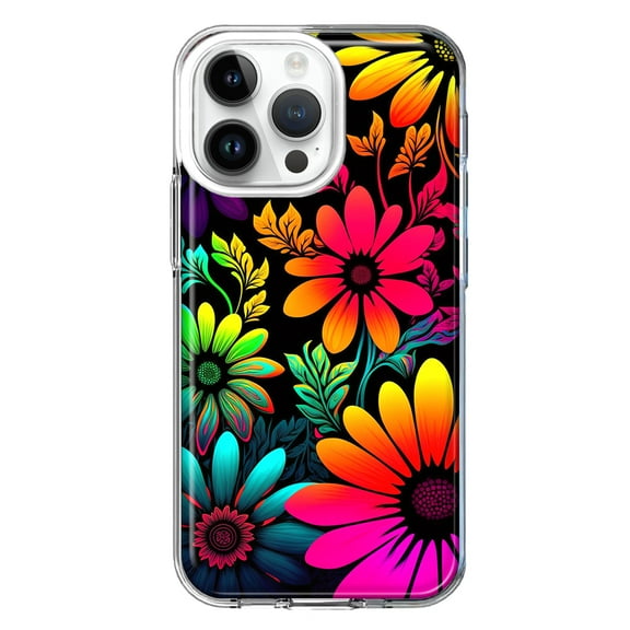 MUNDAZE Case for Apple iPhone 15 Pro Max Slim Hard Shell Soft TPU Hybrid Shockproof Heavy Duty Protective Phone Cover - Neon Rainbow Glow Colorful Abstract Flowers Floral
