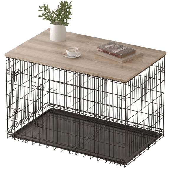 PISKYET DOG CRATE TOPPER WOOD COUNTERTOP FOR 48 42 36 30 24 INCH DOG CAGE- GREY