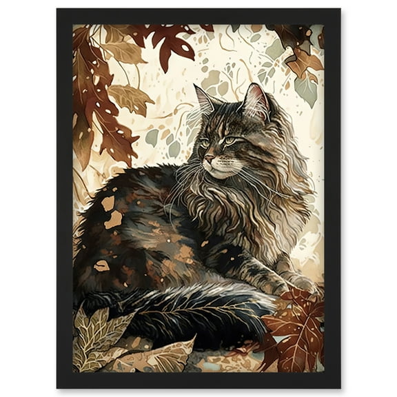 Maine Coon Cat in Autumn Leaves Modern Watercolour Ink Illustration Artwork Framed Wall Art Print A4