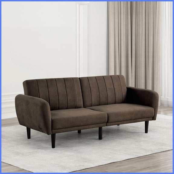 Contemporary Brown Fabric Futon Sofa Bed - 81”W Convertible Couch with USB Ports & Pocket Coil for Living Room/Bedroom