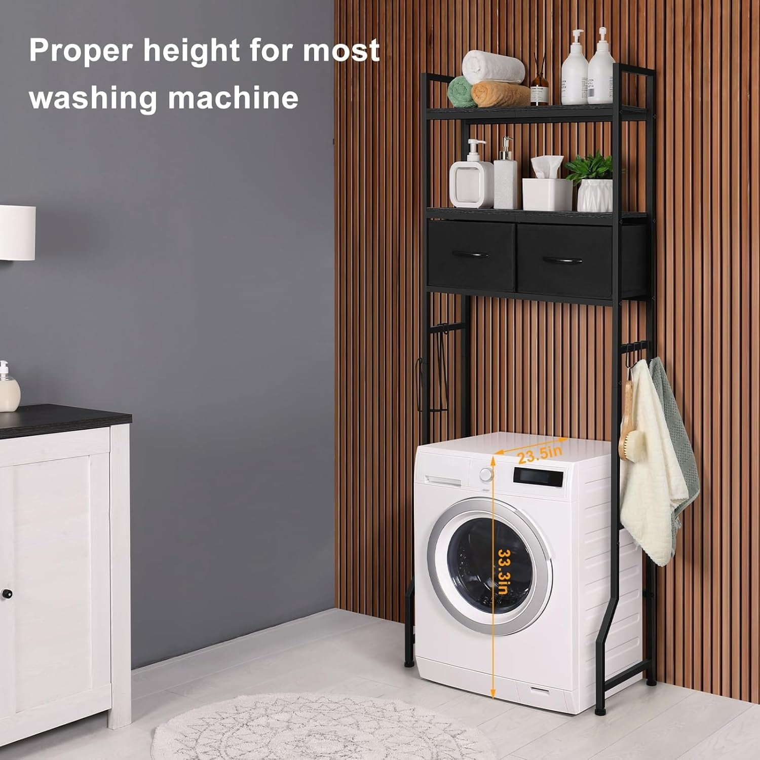 3-Tier Over Toilet Shelf with Storage Baskets,Over The Toilet Storage Cabinet, 3-Tier Bathroom Organizer with Fabric Drawers & Hooks, Freestanding Shelf for Bathroom and Laundry Room