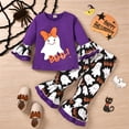 thumbnail image 3 of LMTODLFG Baby Girl Clothes Toddler Kids Girls Outfit Cartoon Halloween Letters Prints Long Sleeves Tops Bell Bottom Prints Pants 2pcs Set Outfits Y2K Clothes Purple 2-3 Years, 3 of 9
