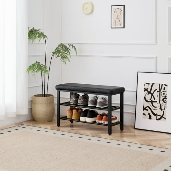 Small 3-Tier Shoe Storage Bench  Freestanding Entryway Shoe Rack with PU Seat Cushion & Metal Mesh Shelves for Hallway