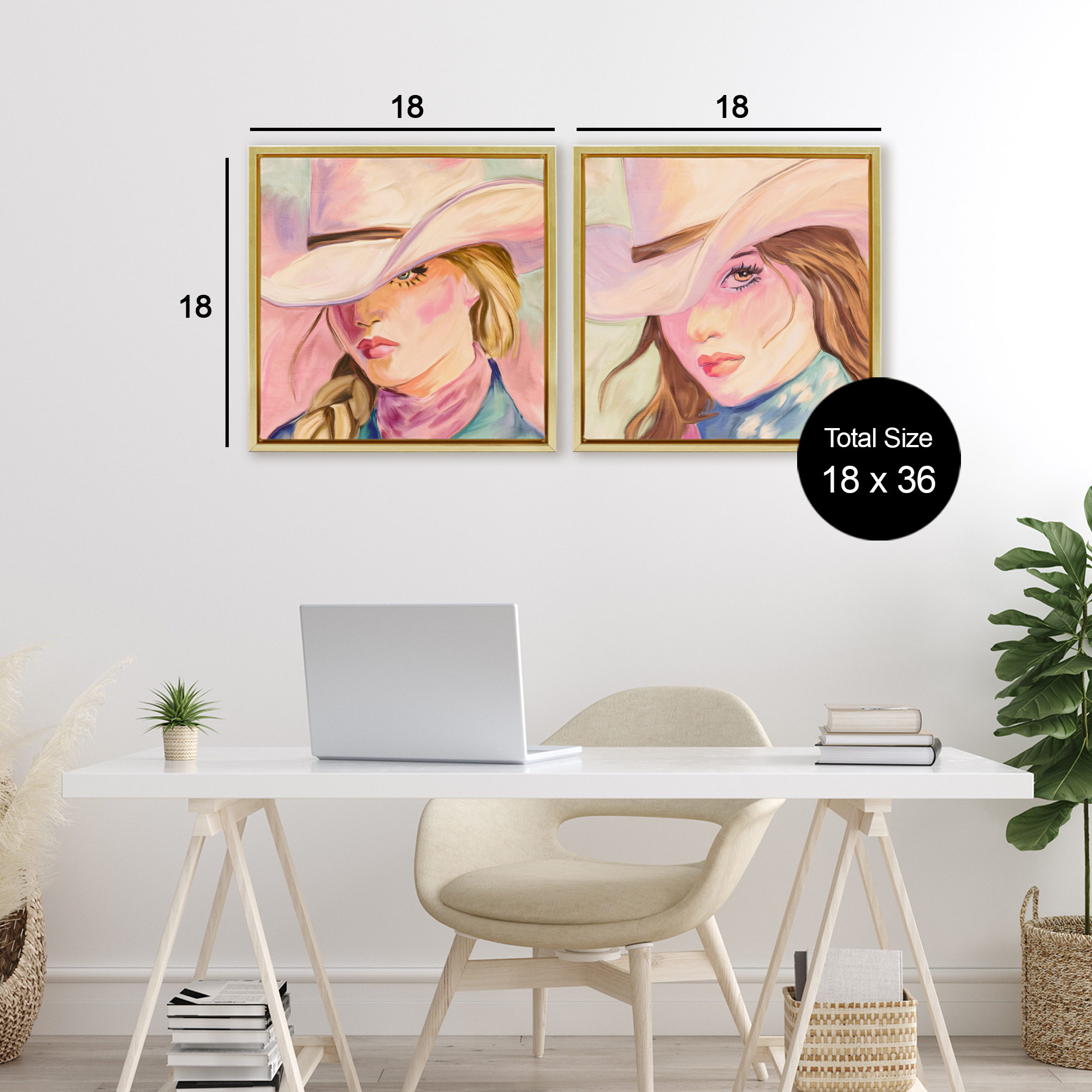Pastel Cowgirls Gazing 2 Piece Gold Framed Floater Canvas Set, design by Kim Allen