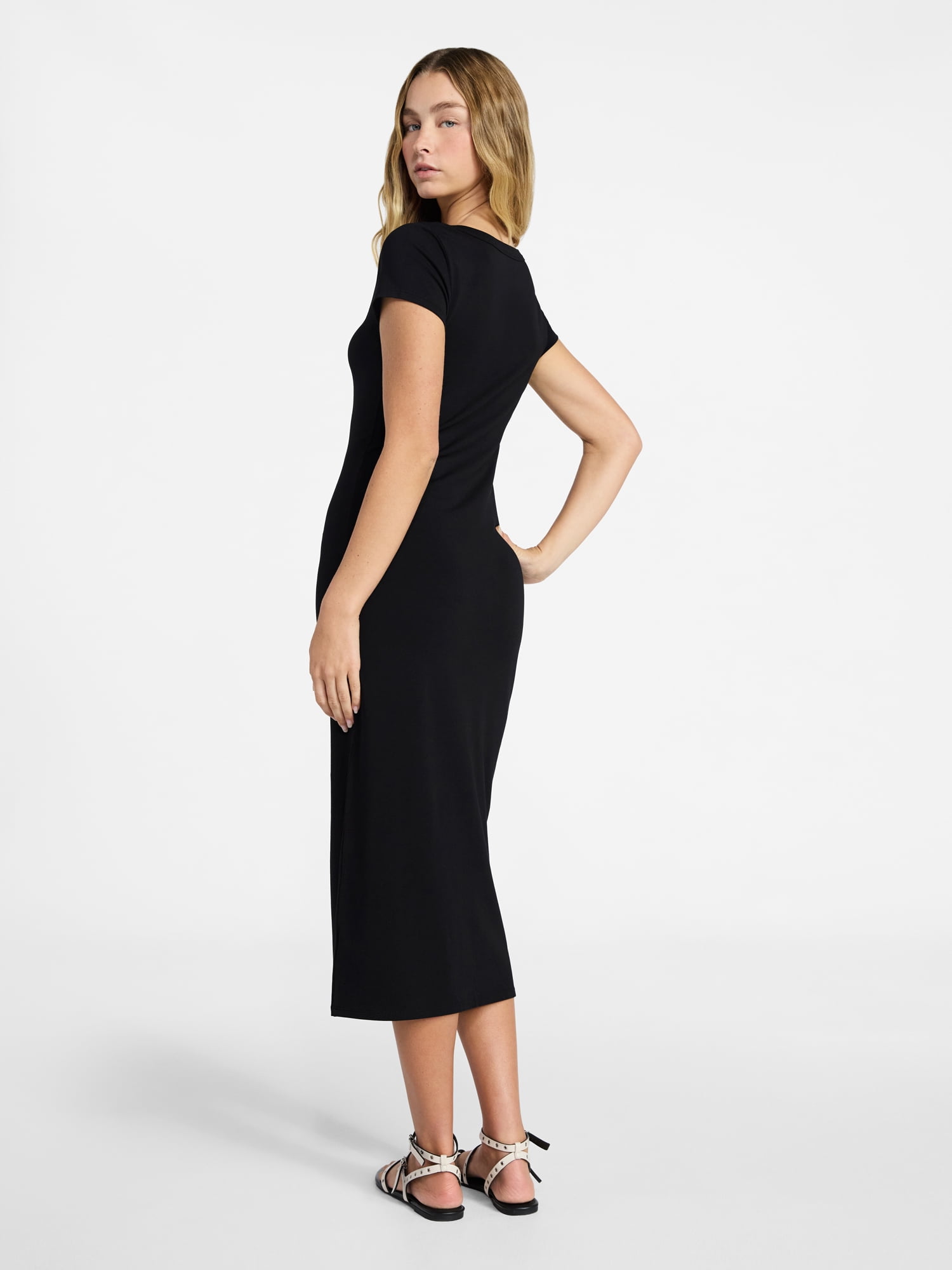 No Boundaries Deep V-Neck Maxi Dress with Cap Sleeves, Women's Sizes XXS-XXL