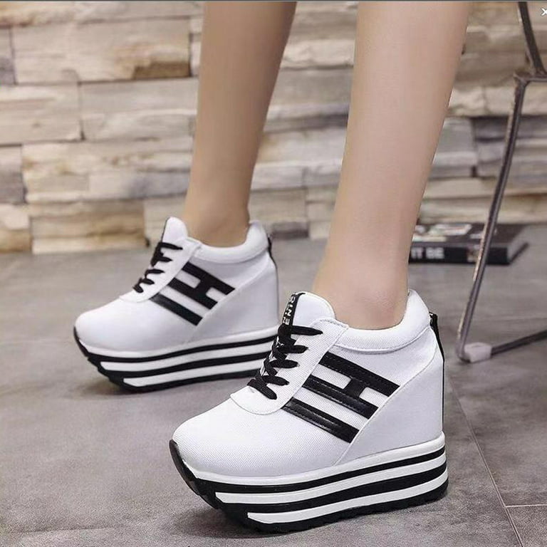 New Lady's High Top Wedge Heel Sneakers Women Pumps Lace Up Canvas  Sport Shoes