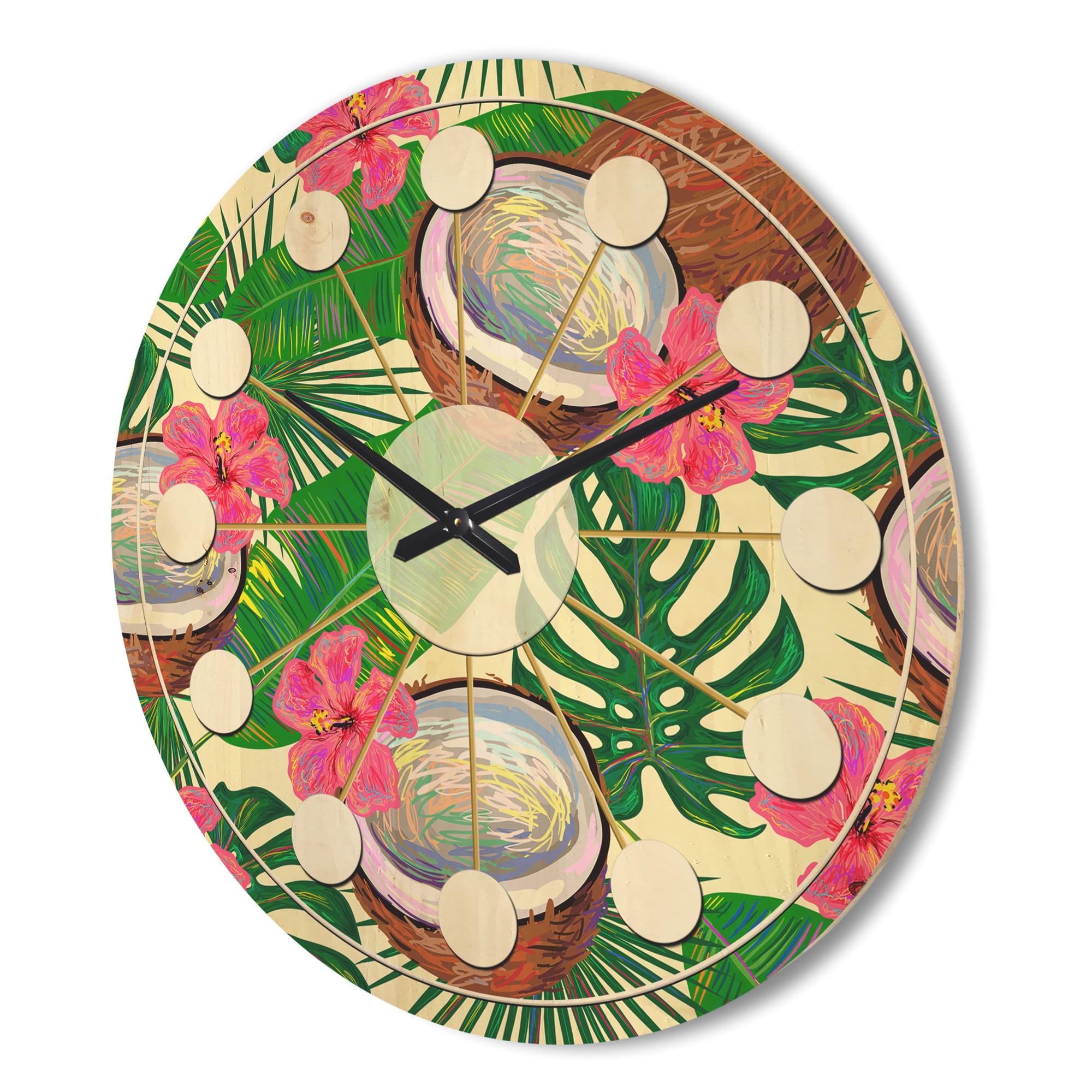 Designart 'Tropical Jungle Flowers and Cooconut' Mid-Century Modern Wood Wall Clock