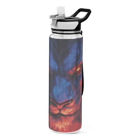 Qxltty Lion Face with Glowing Eyes Water Bottle 32 oz with Straw BPA Free Reusable Fitness Sport Bottle Perfect for Travel School Outdoors and Gym