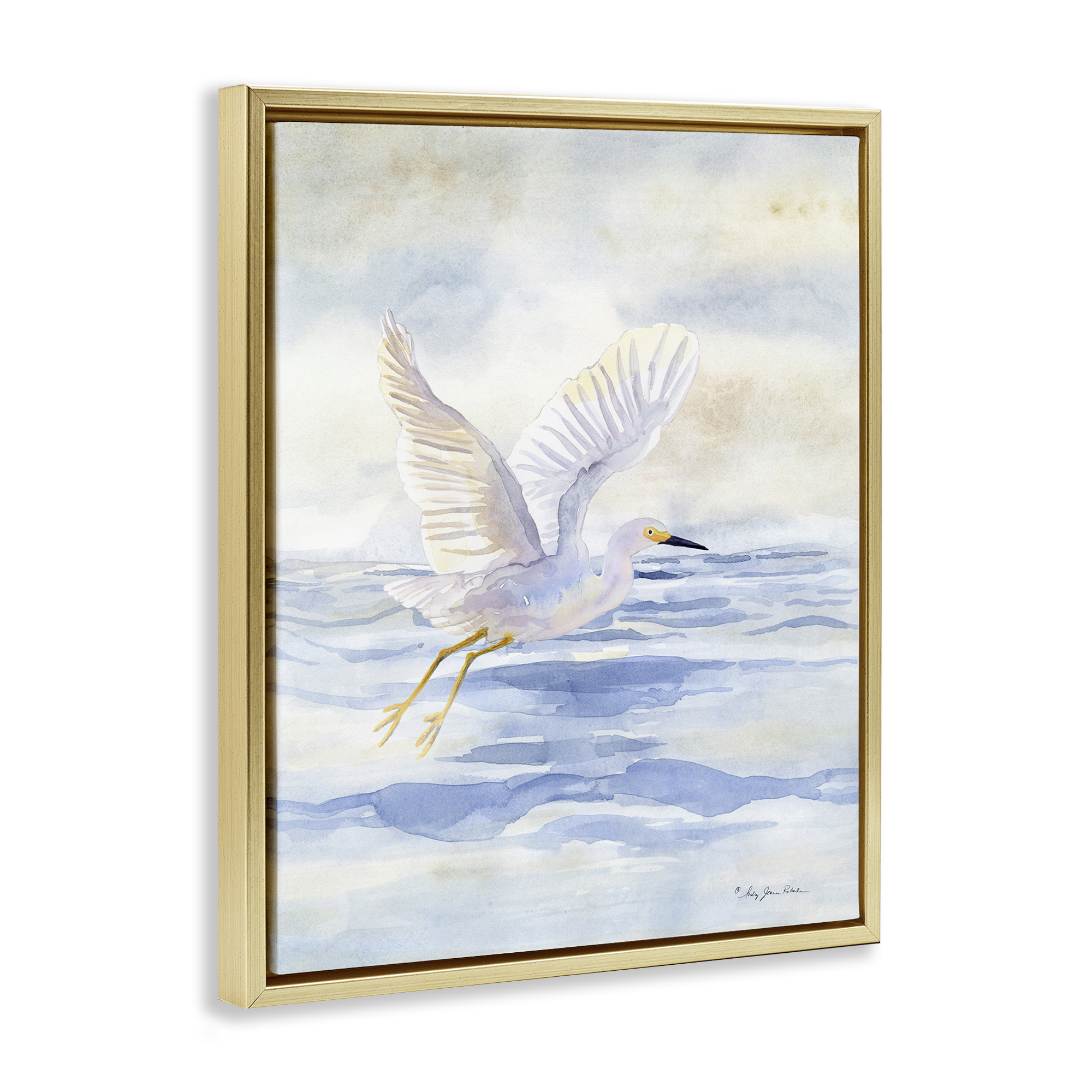 Stupell Industries Swan Flying Over Water Landscape Painting Gold Floater Framed Canvas Art Print Wall Art, 17 x 21