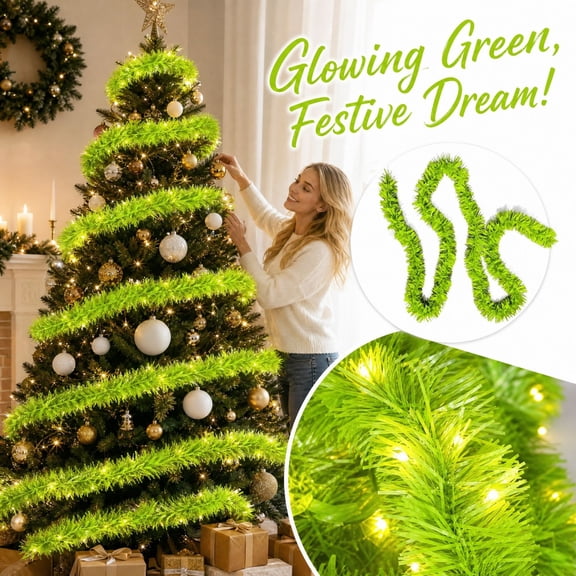 Battery Operated LED Christmas Garland Bright Green Metallic Twist Tinsel Light‑up Hanging Decoration for Xmas Tree Mantle Stair Railing Door Frame Indoor & Outdoor Holiday Party Decor Supplies