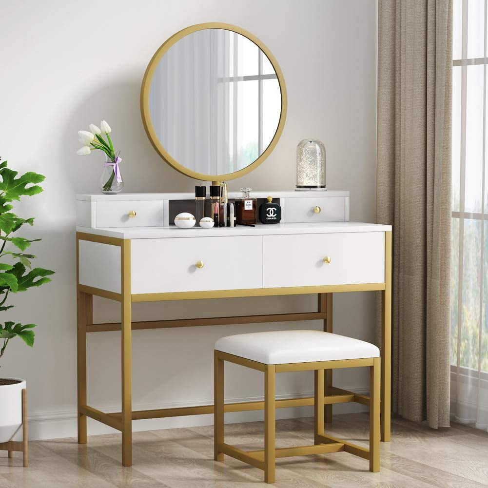 Large Dressing Table and Stool Set, Modern White Makeup Vanity Set with Round Mirror and 4 Drawers Walmart.com