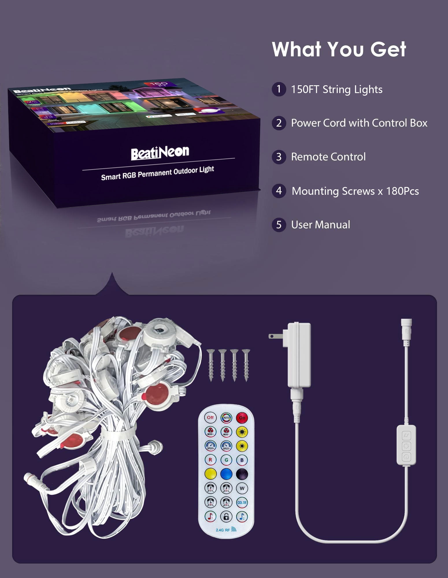 Beatineon 150ft RGB+IC Permanent Outdoor Lights Pro, Smart APP Controlled Christmas Lights, IP68 Waterproof 90 LEDs String Lights with Premium Packaging