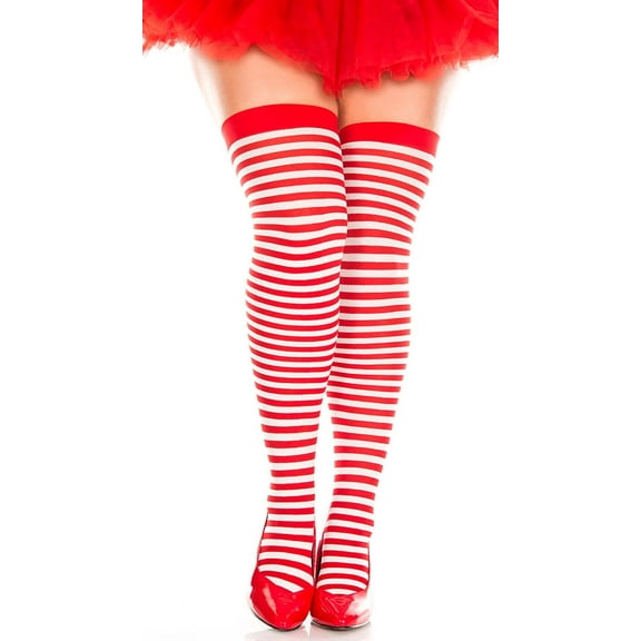 Music Legs Women's 4741Q-RED-WHITE Plus Size Striped Thigh High Stockings; Red & White
