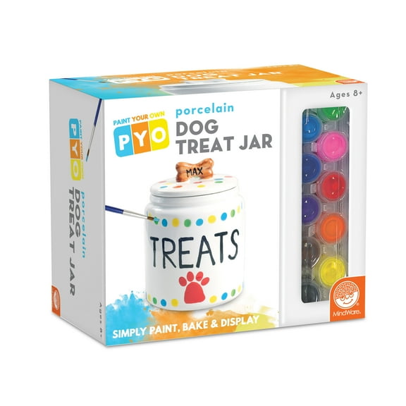 MindWare Paint Your Own Porcelain: Dog Treat Jar Craft Kit, Includes Porcelain Dog Treat jar, 12 Bright Colors of Porcelain Paint, 2 paintbrushes and Painting Guide