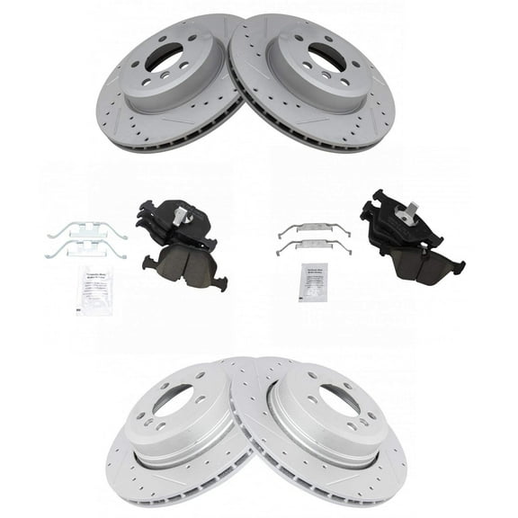 TRQ Front and Rear Performance Brake Pad & Rotor Kit Brake Pads Brake Rotors Set Ceramic Premium G-Coated Fits Select 2004-2010 BMW X3