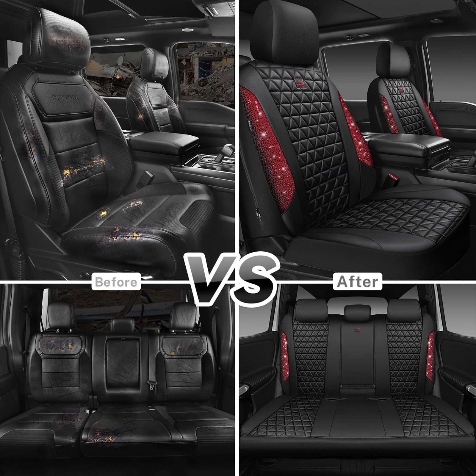 CAR GRAND Bling diamond leather automotive seat covers full set water proof shining glitter sparkly crystal rhinestone universal armrest fit girl woman lady red