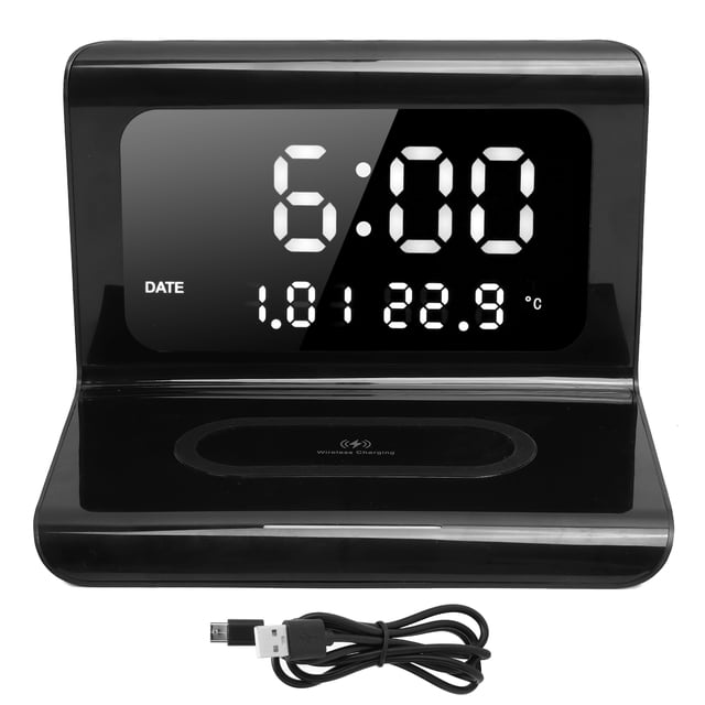 Reloj multifunción con calendario electrónico, teléfono inalámbrico y cargador automático.