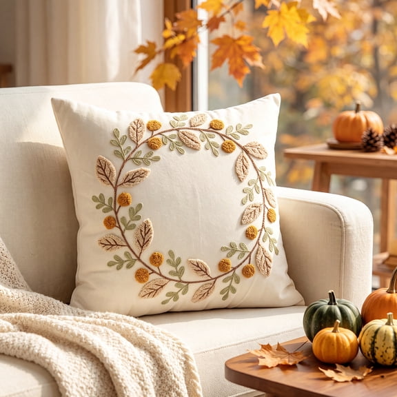 Bwomeauty Fall Decor, Fall Leaf Wreath Embroidered Throw Pillow Cover Thanksgiving Sofa Decor, Holiday Gifts, 1pc