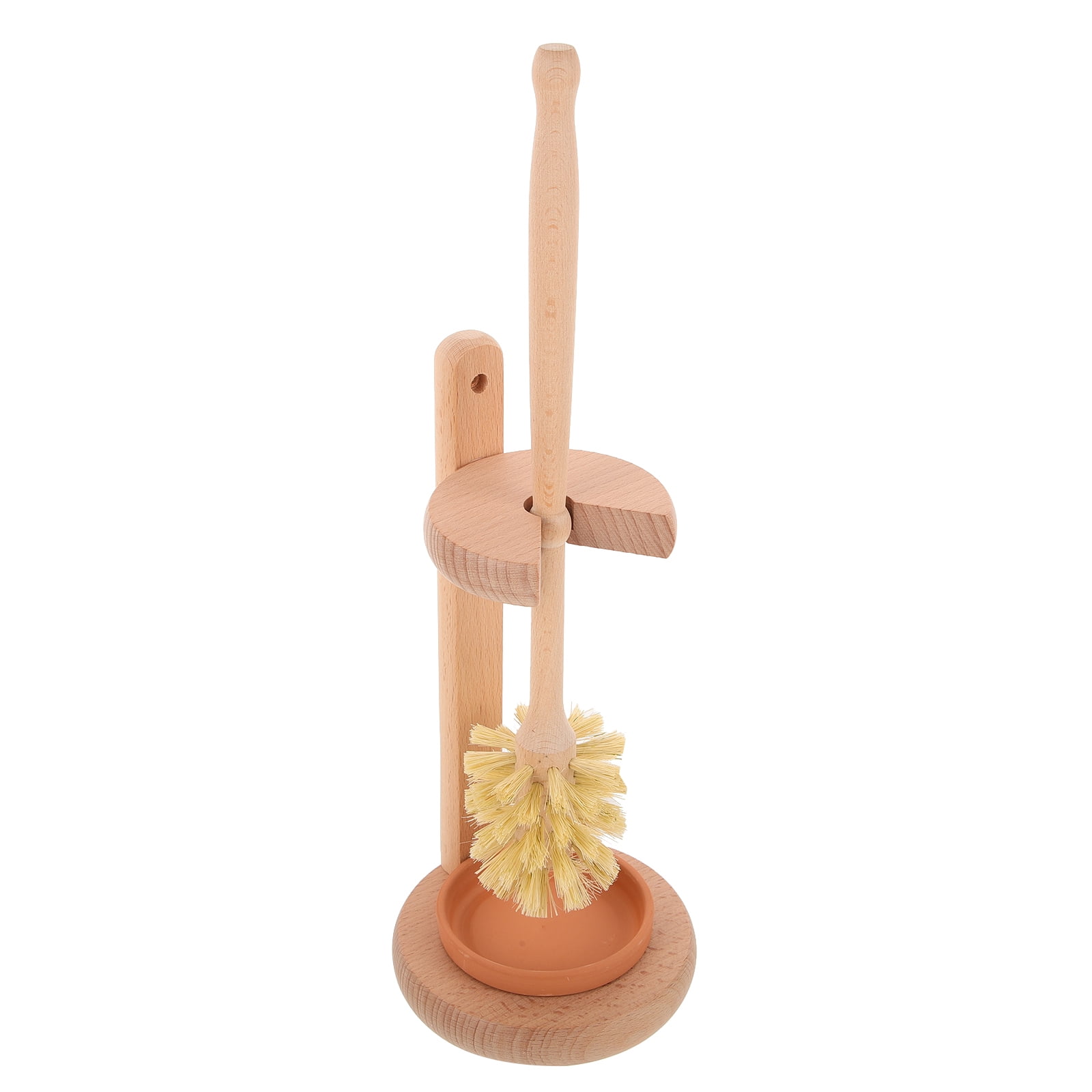 WEUVEB Toilet Brush Set with Khaki Wood Handle and Ceramic Holder, Bathroom Cleaning Tool for Easy Toilet Maintenance