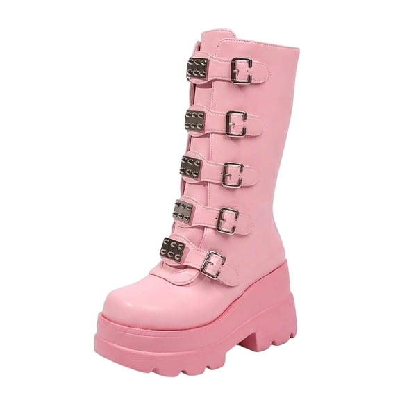 SACFOF Women's Pink Platform Boots Wedge Combat Gothic Chunky Heel Mid Calf Punk Motorcycle Shoes