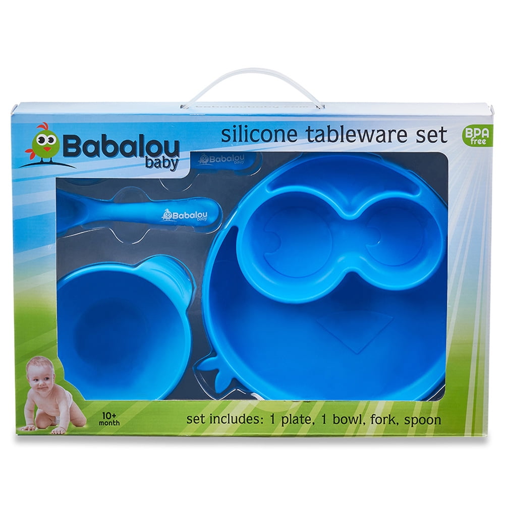 Babalou Baby 4 Piece BPA Free Silicone Tableware Set Full Suction Sanitary Blue 