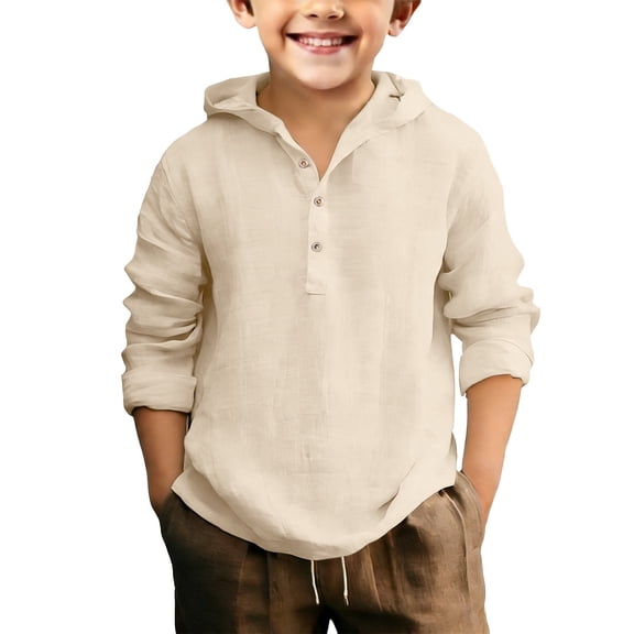 Children's Button Up Long Sleeved Plain Cotton And Linen Hooded Shirt Youth Small Shirt Youth Short