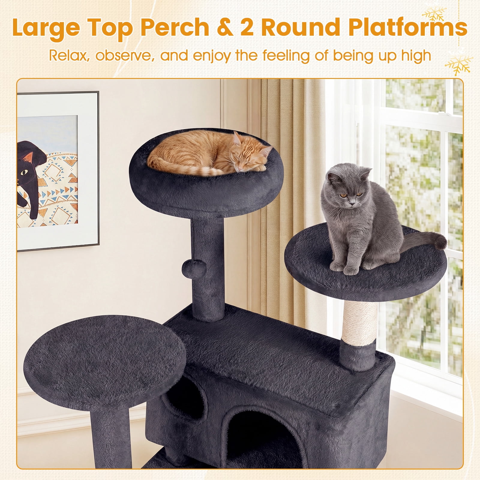 Gymax 52'' Tall Cat Tree Tower w/2 Condos Plush Padded Perch Sisal Scratching Posts Dark Gray