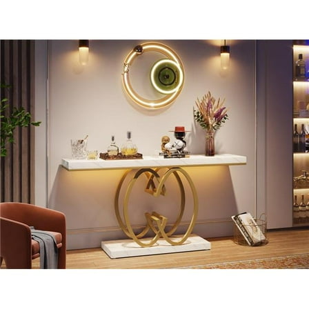 Emoottoo TB-XK00248 55 in. Geometric Entryway Faux Marble Console Table - White & Gold Finish