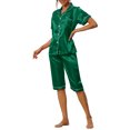 thumbnail image 4 of INSPIRE CHIC Women's Satin Pajamas Sets Short Sleeve Button Tops with Capri Pants 2 Pcs Loungewear XS Dark Green, 4 of 6