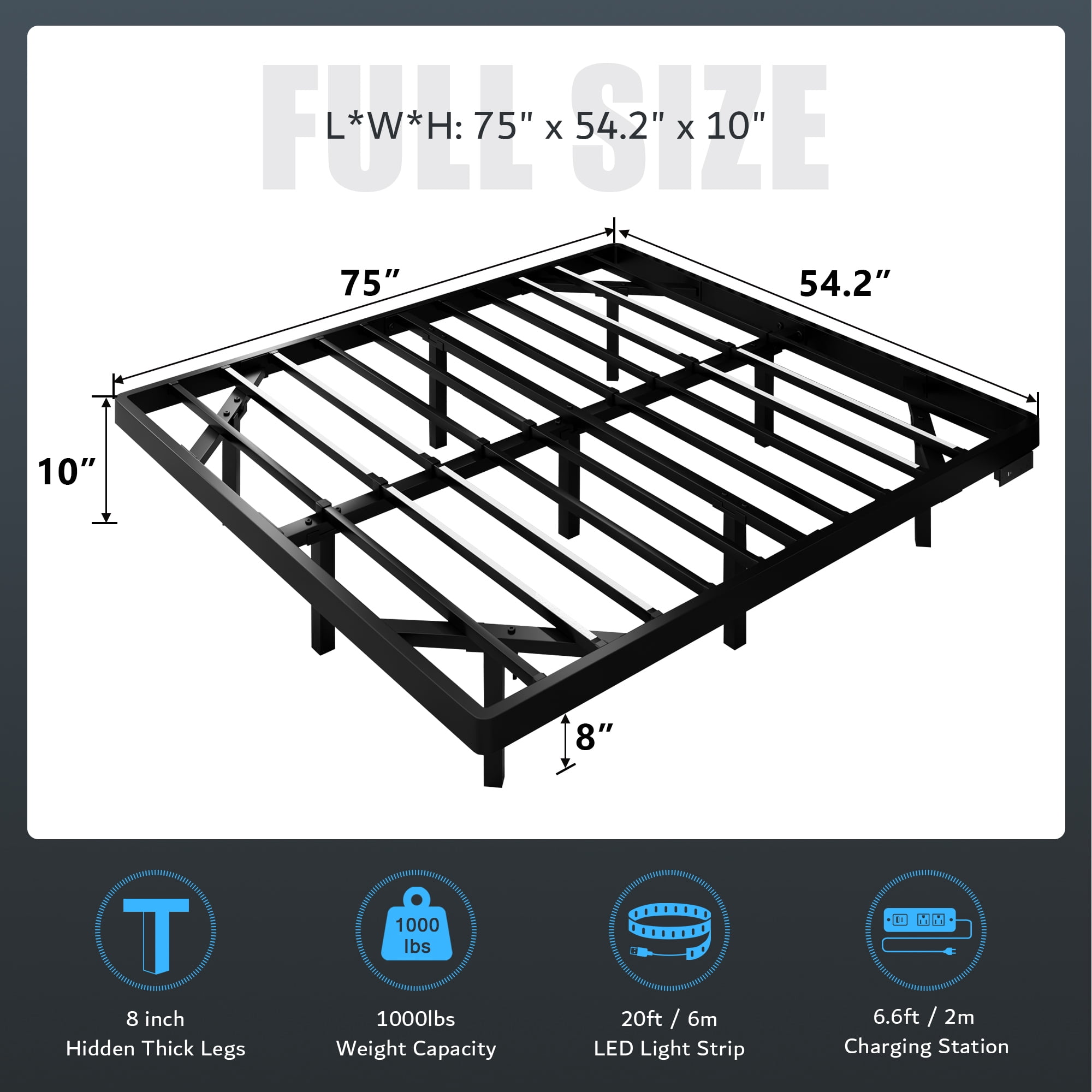 Virans Full Size Floating Bed Frame with Rgb LED Lights and Charging Station, Heavy Duty Metal Platform Beds, No Box Spring Needed, Black