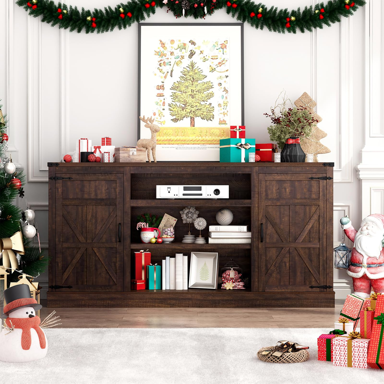 66''W Kitchen Buffet Sideboard Bar Cabinet with Power Outlet, Farmhouse Coffee Bar Cabinet with 4 Tier 9 Storage Shelves