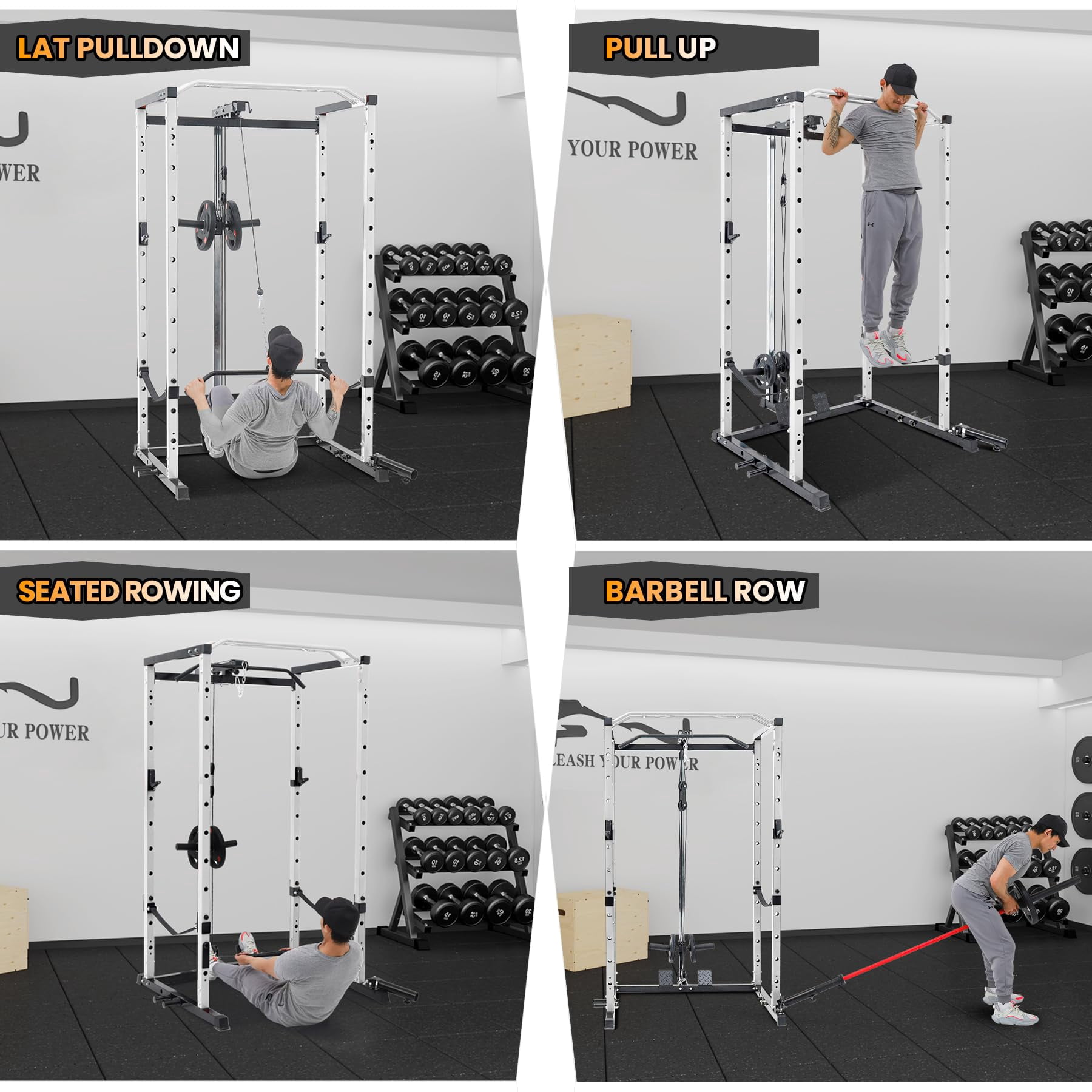 TROPOW Power Cage with LAT Pulldown, Multi-Functional Power Rack with Cable Pulley System and J-Hooks, Squat Rack with Dip Bars and Landmine Attachment, Weight Cage for Home Gym Equipment,White