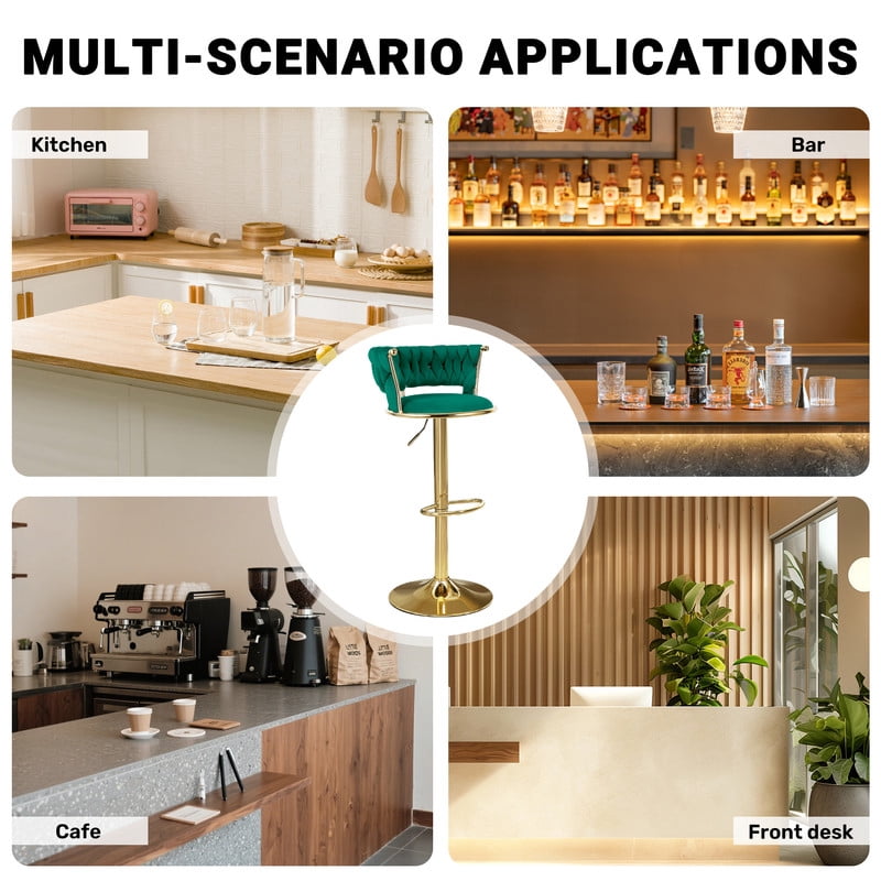 Daluvenix Velvet Bar Stools Set of 2, Counter Height Barstools with Low Back, Gold 360° Swivel Bar Stool ,Counter Height Bar Chairs for Kitchen Island, Pub, Green