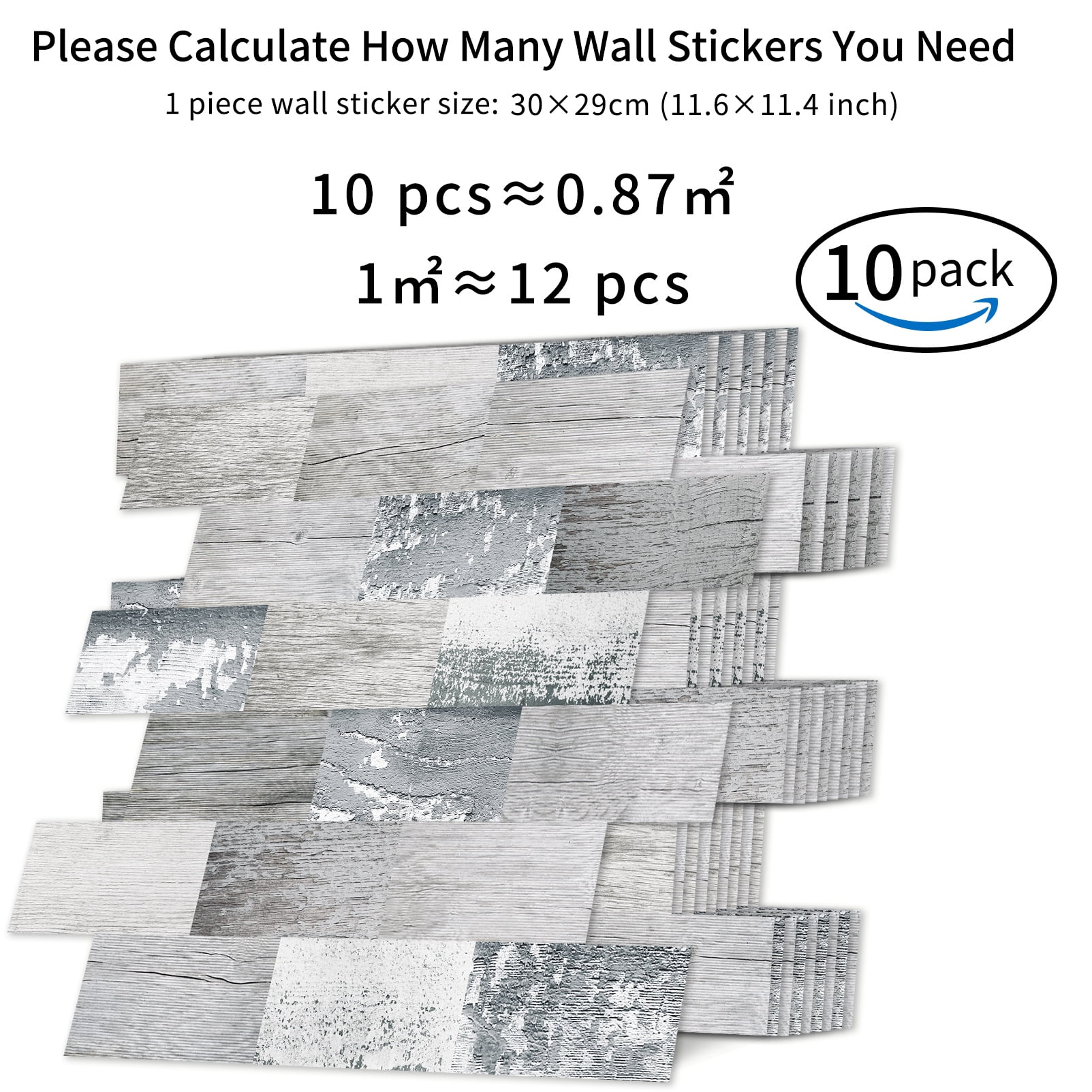 DEWOO 10-Sheet Peel and Stick Backsplash Wall Tile Self Adhesive, Stickon Tile for Kitchen Backplash, Bathroom Vanities, Fireplace Decor, Laundry Table, Stair Decals in Spruce Grey Rustic