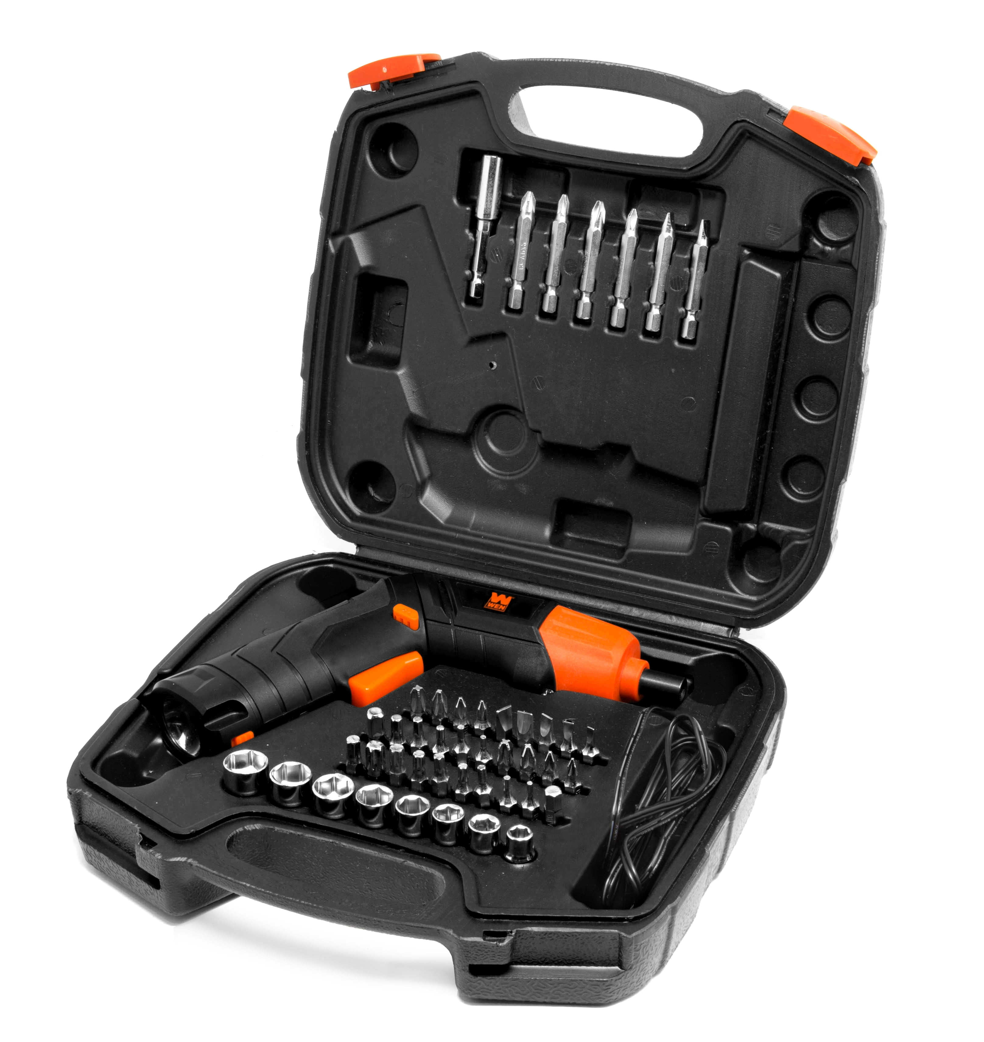 WEN 4V Max Lithium Ion Rechargeable Cordless Electric Screwdriver and Flashlight with Carrying Case and 40+ Accessories