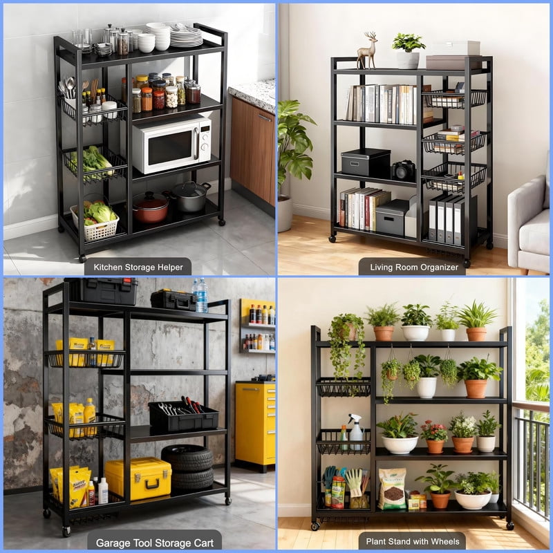 Howcool Movable Kitchen Rack w/ Wheels, Heavy-Duty 4-Tier Storage Cart w/ 3 Mesh Baskets , Metal Shelf Organizer