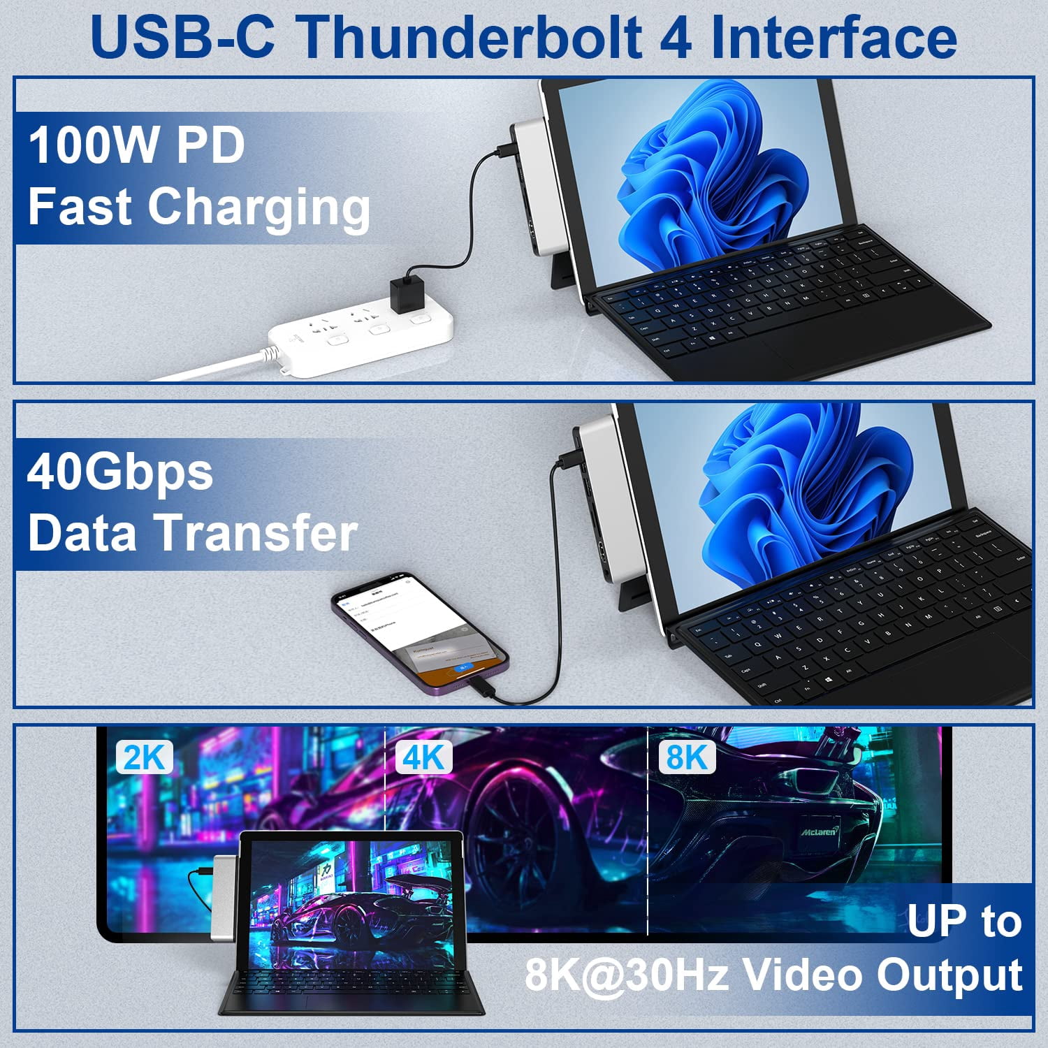 Surface Pro 9/10/11/X Docking Station, Surface Pro 11 USB Hub with 4K HDMI, USB-C Thunderbolt 4 (Display+Data+100W PD), 2 USB 3.0, 3.5mm Audio, SD/TF Card Slot for Surface Pro 9/10/ 11/ X