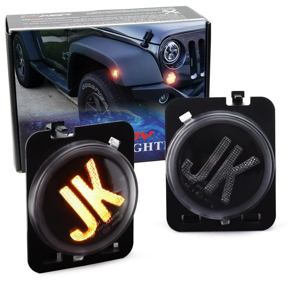 Dark Black-Out Lens & Amber "JK" Lettering Full LED Front Fender Flare Side Marker Lights For Jeep 2007-17 Wrangler JK/JKU