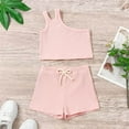 thumbnail image 2 of LNMQLPDBS Baby Sets for Girls Solid Color Pullover Sleeveless Ribbed One Shoulder Crop Top & Shorts 2pcs Outfifts Casual Sports Running Dance Set Toddler Girl Gifts 12 Month Girl Clothes, 2 of 3