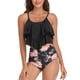 thumbnail image 1 of Traje de baño para mujer, estampado de moda, 2 piezas, doble capa, traje de baño con volantes para mujer, para verano, playa, natación, Top negro, pantalones cortos florales vintage S, 1 of 5