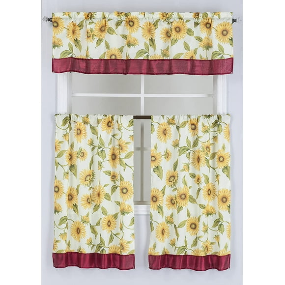 Kitchen Curtain Jacquard Printed Design 3pc Set (Includes 2 Tiers and 1 Valance) by ATI (Sunflower Print)
