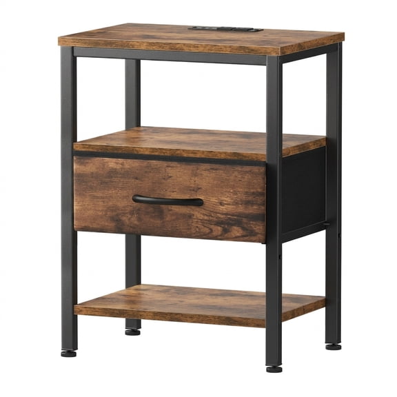 Nextay Rustic 1-Drawer Nightstand with Charging Station, Farmhouse Bedside Table with USB Ports and Power Outlet, Fabric Drawer and Open Shelf
