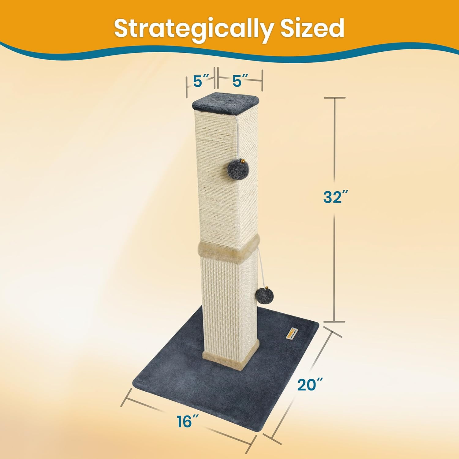 PAWBEE Cat Scratch Post Tower, 32” Tall, Sisal Scratcher with Jingle Bells & Plush Balls, Larger Base for Stability
