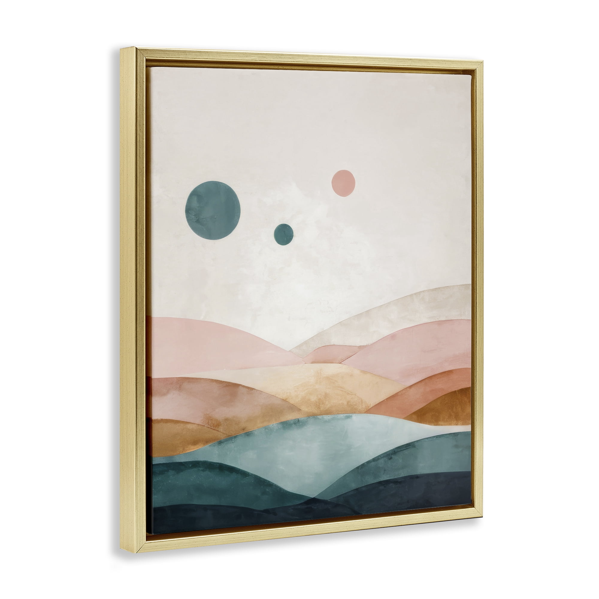 Stupell Industries Spheres Above Desert Landscape Painting Gold Floater Framed Canvas Art Print Wall Art, 17 x 21