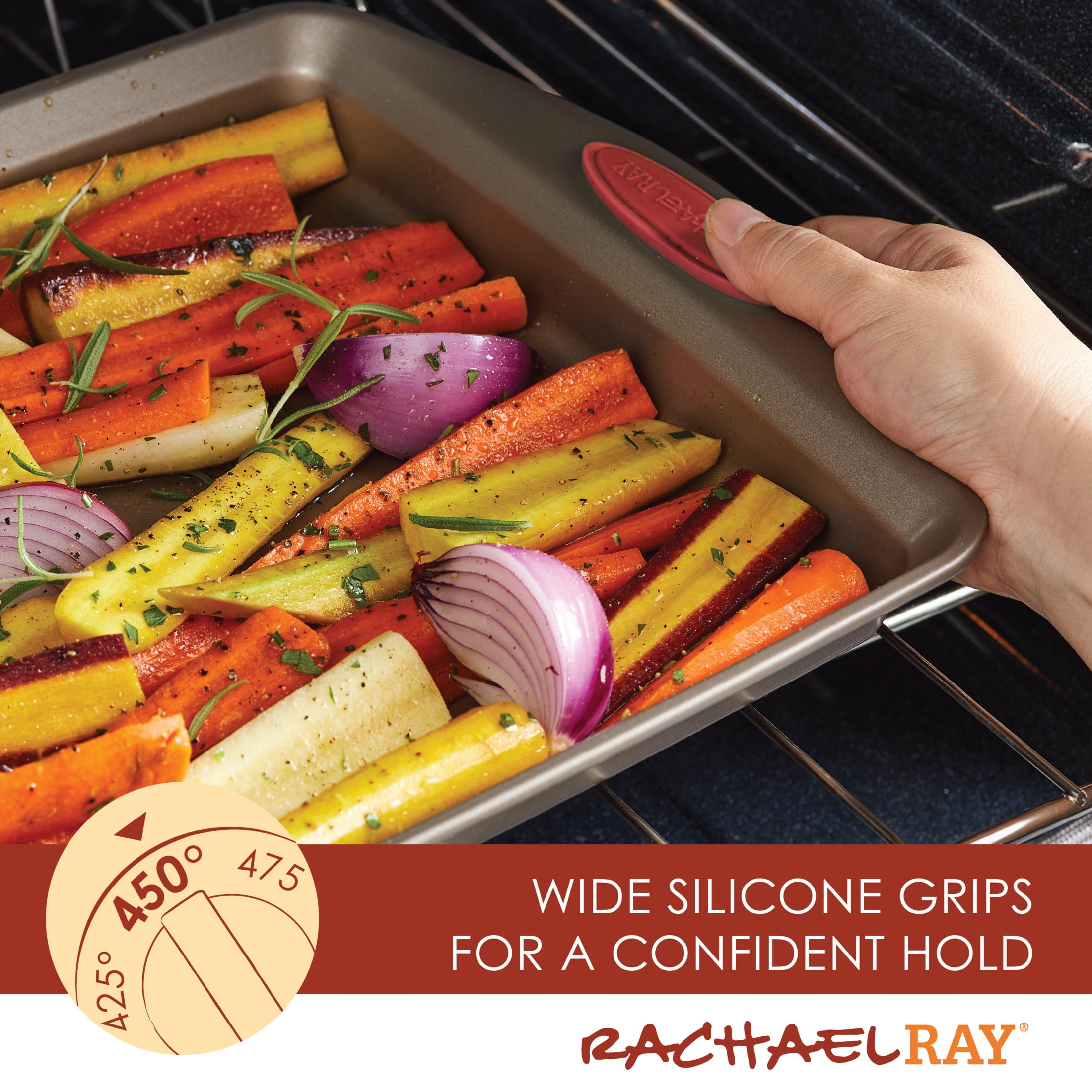 Rachael Ray Bakeware Nonstick Baking Sheet and Veg-a-Peel Set, 4-Piece,  Gray with Red Silicone Grips 