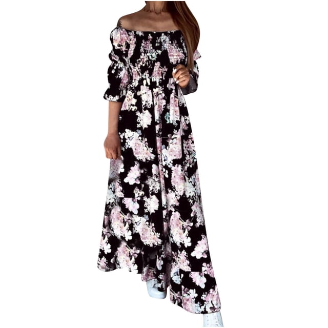 Vestidos Para Mujer Vestidos Largos Nueva Moda Retro Impreso Fuera Del Hombro Un Hombro Vestido de Manga Larga Con Cintura Que Adelgaza Sobre La Rodilla Odeerbi ODB139222