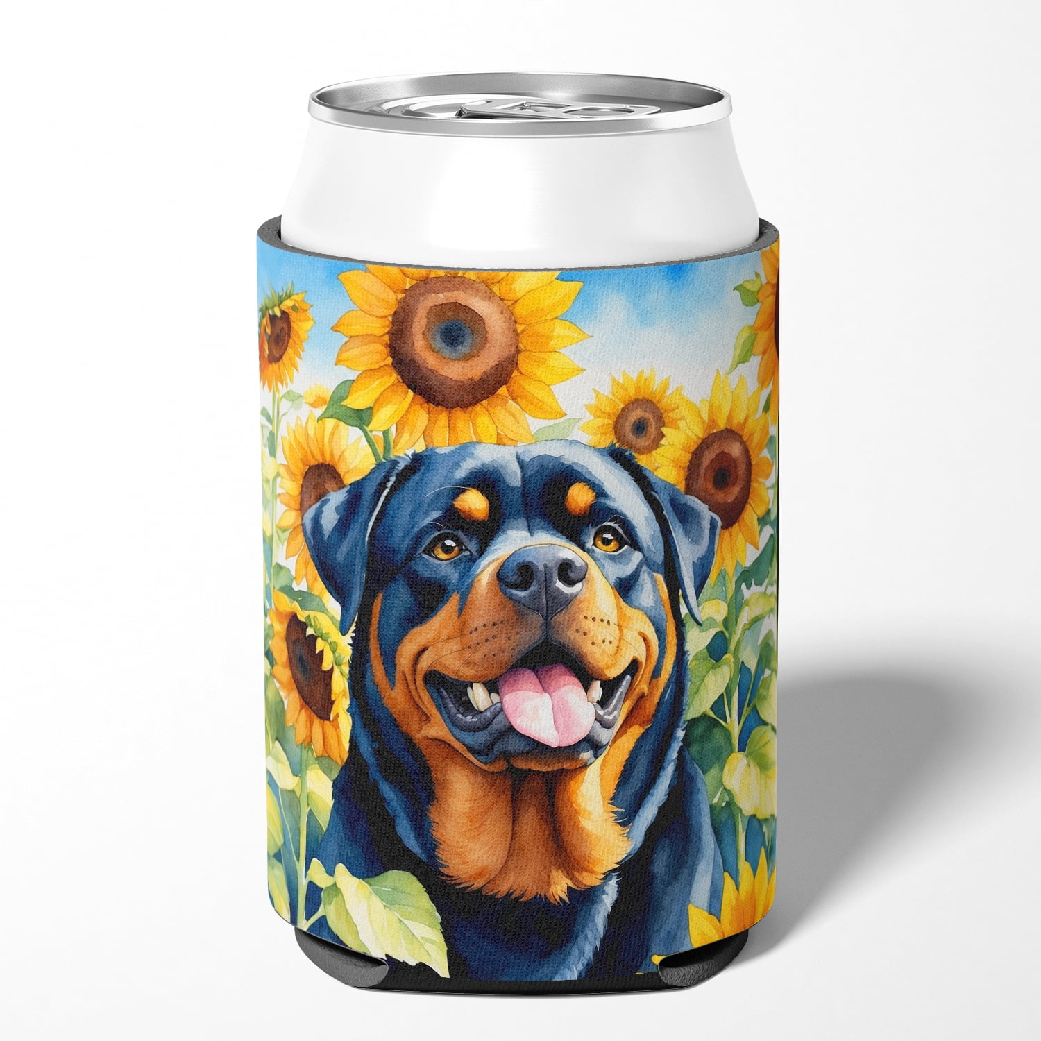 Rottweiler in Sunflowers Can or Bottle Hugger 3 in x 5 in