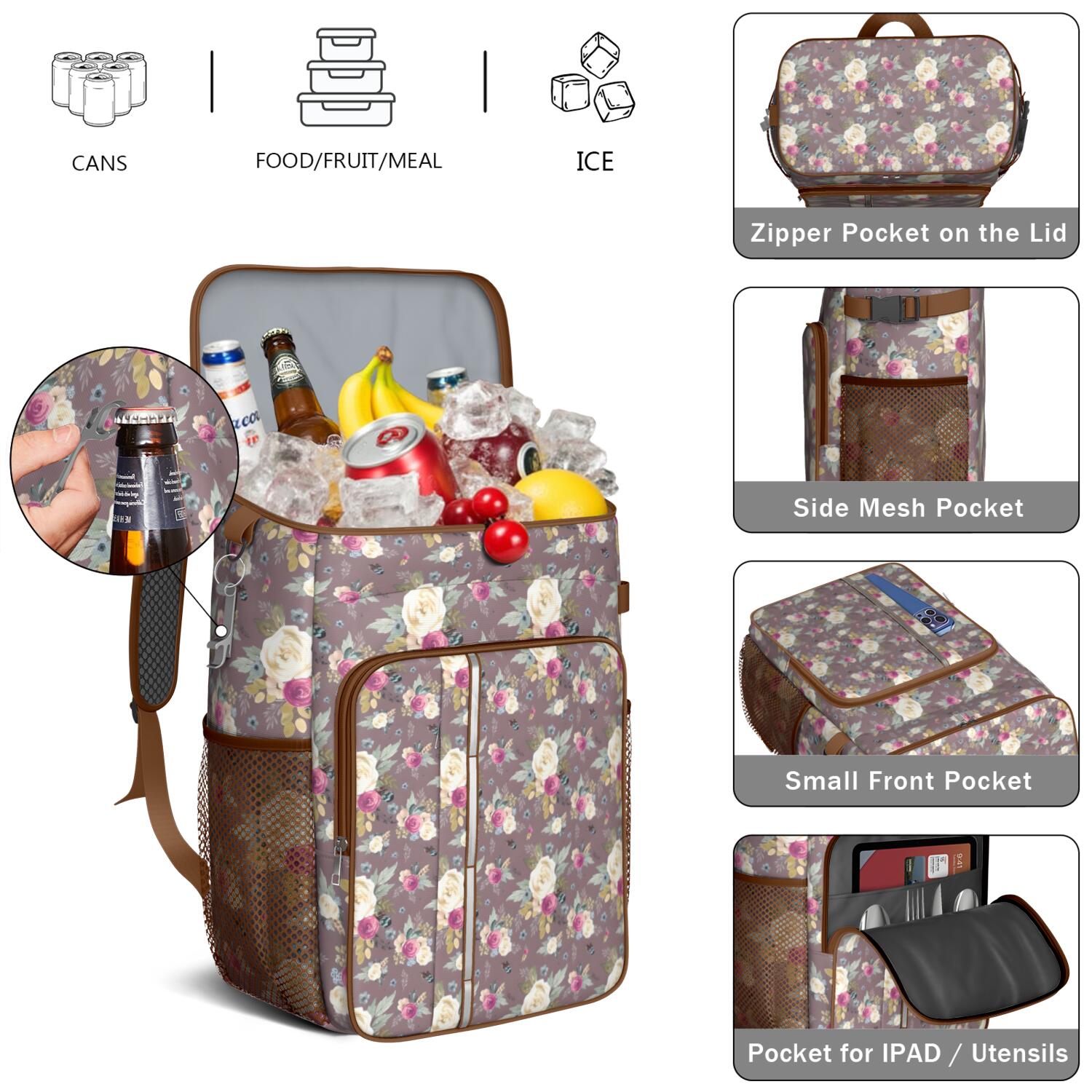 Travel Cooler Bag - Pioneer Flower Floral Print Pattern Camping Beer Cooler Backpack with Bottle Opener- Waterproof Insulated Picnic Backpacks - Cooler Bag for Beach
